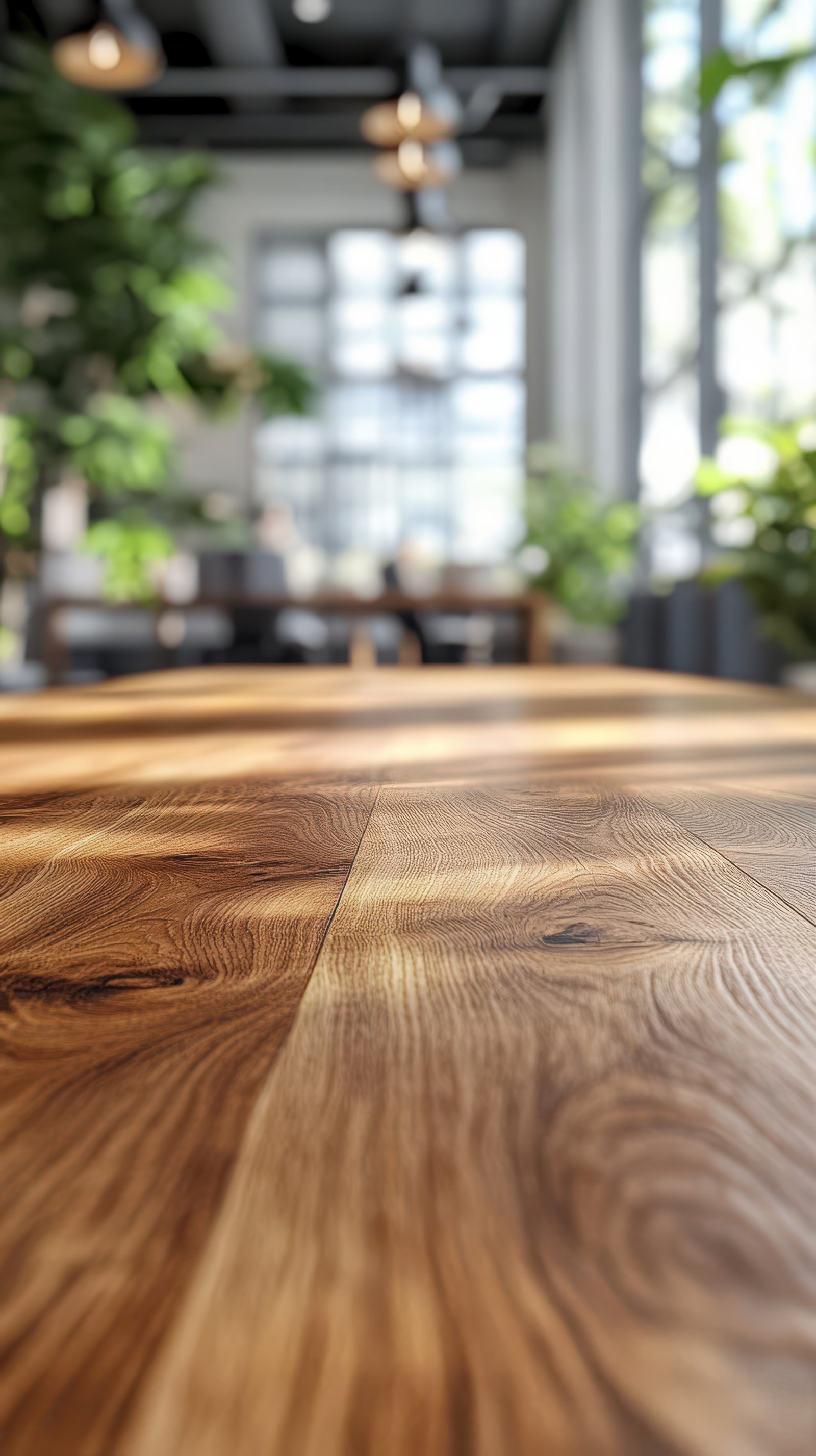 Wooden tabletop foreground with blurred modern interior and greenery in background during bright daylight hours